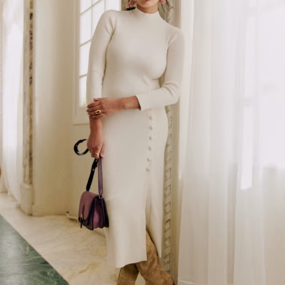 Sezane- Ivory Ribbed Merino Wool Longsleeve Harper Slit Midi Dress